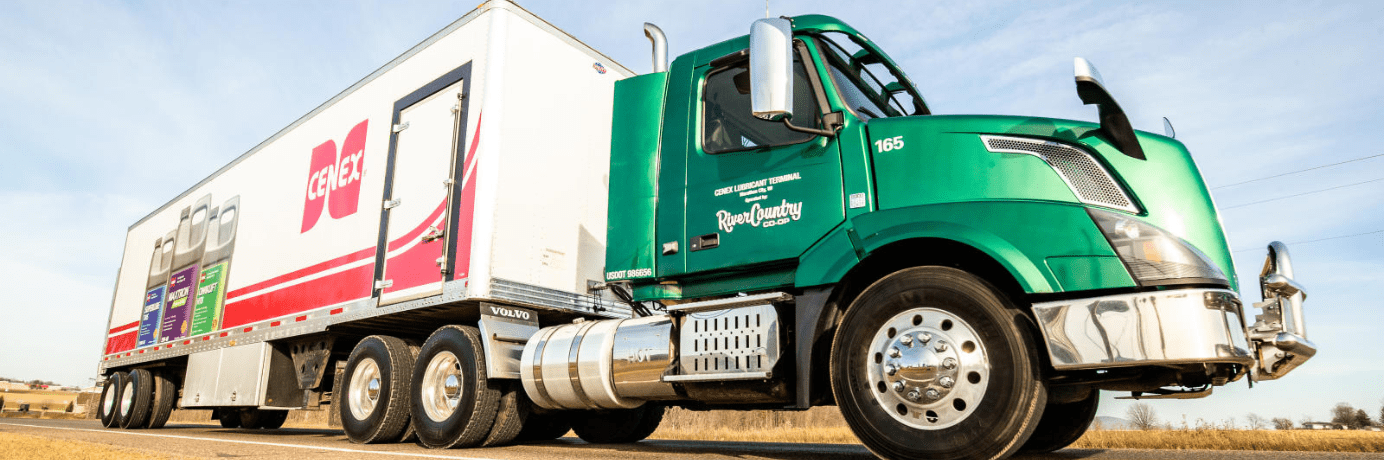River County Co-op semi pulling a Cenex trailer