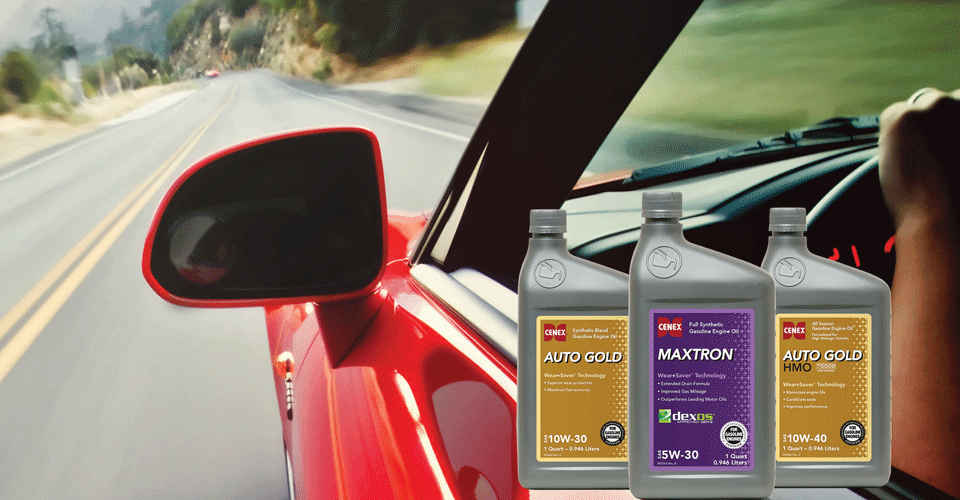 Car driving, with three Cenex engine oils highlighted