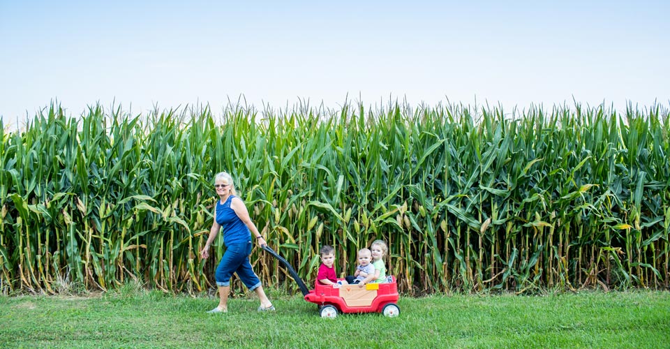 Mom pulling children in a wagon in front of tall corn stalks