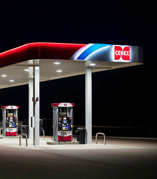 Cenex canopy at a gas station at night