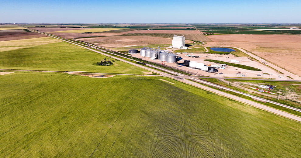 Aerial of a farm and fields