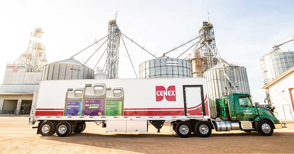 Cenex lubricants branded semi in front of grain bins