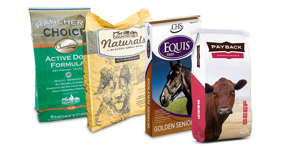 Rancher's Choice, Country Vet, Equis and Payback feed bags