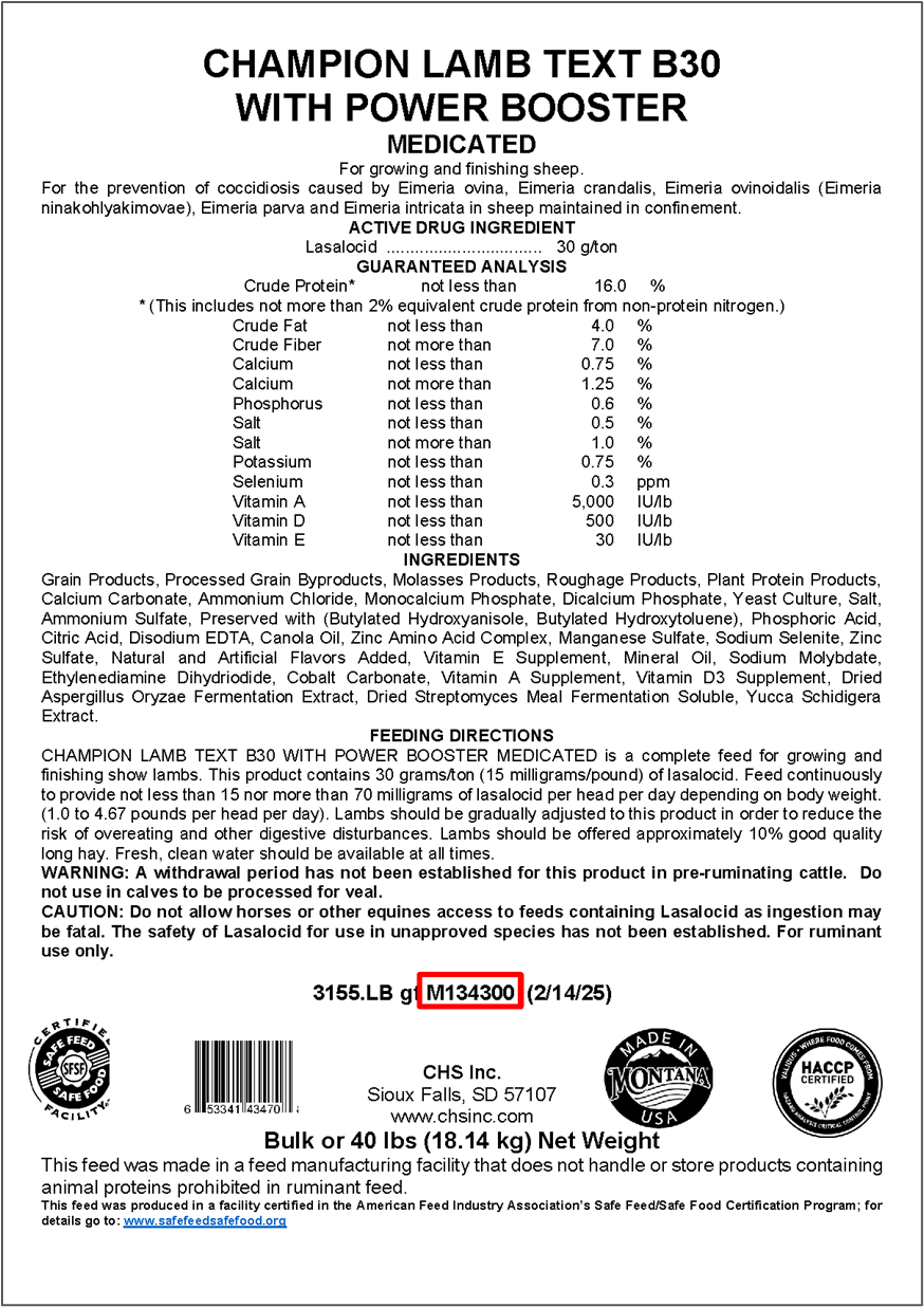 Payback Champion Lamb Text B30 with Power Booster label from affected lot