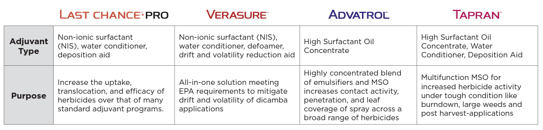 table of adjuvants with their purposes