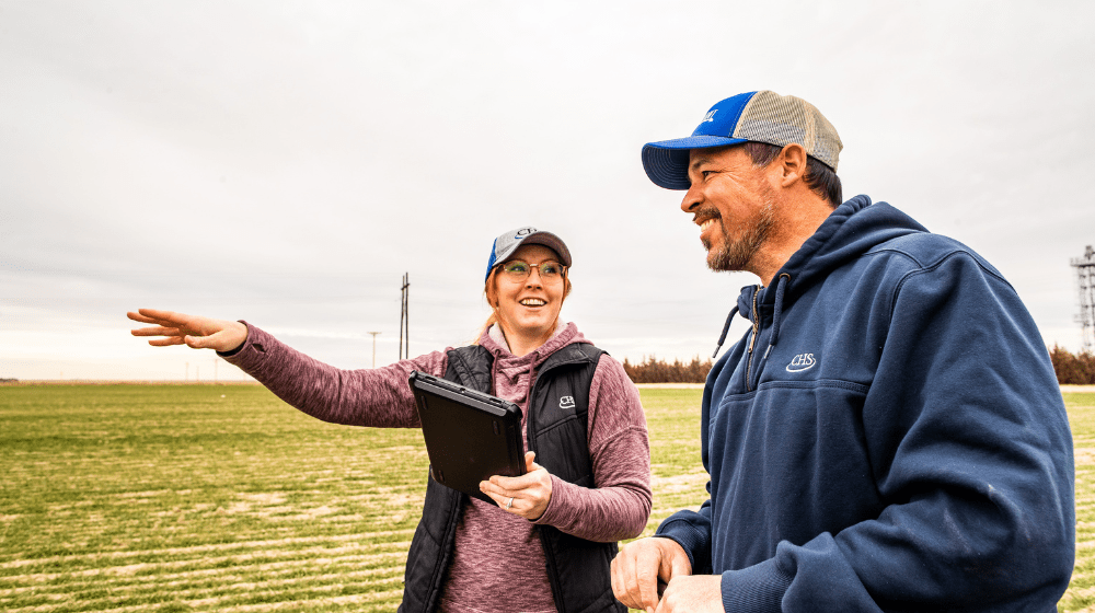 Two people talking in a field