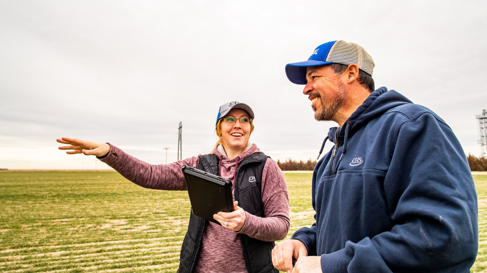 Two people talking in a field