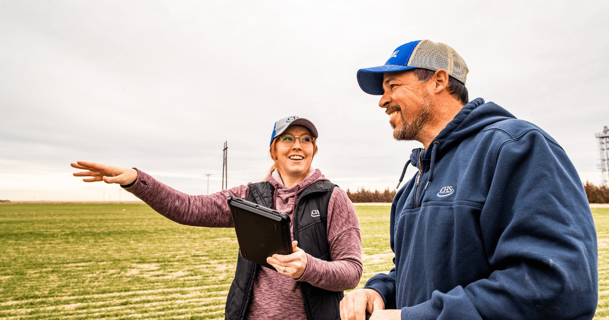 Two people talking in a field