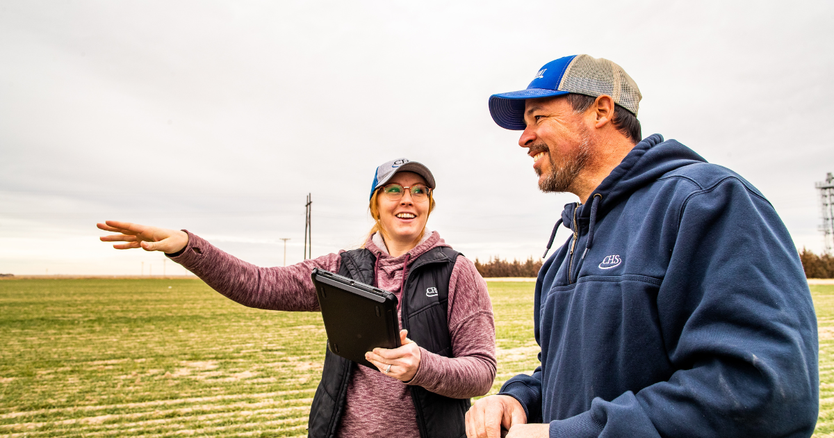 Two people talking in a field