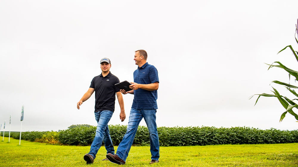 Two men walking through an open field