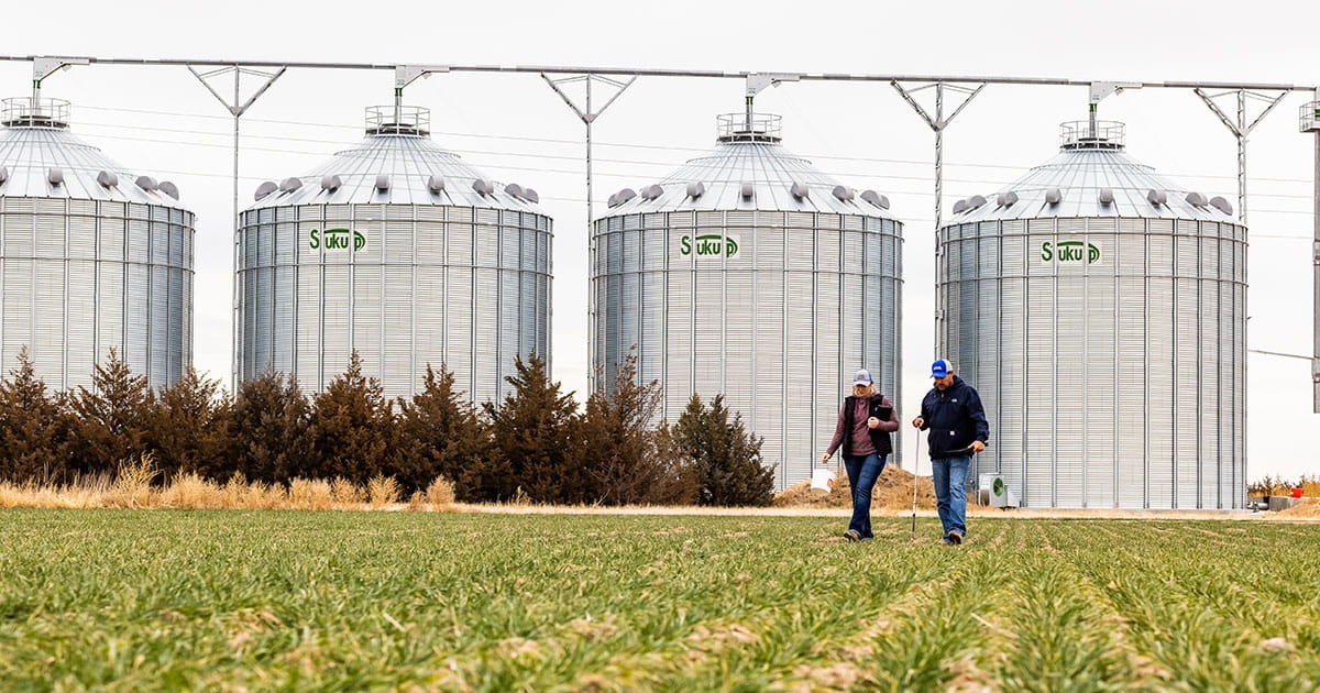 Two people walking in a field