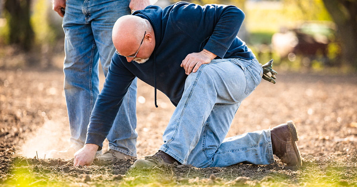 A farmer in a field looking at the ground