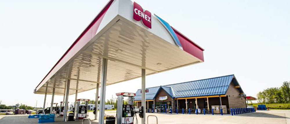 The outside of a Cenex gas station in Cumberland, Wisonsin, including the fuel canopy.