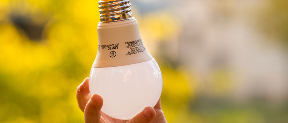 A person holds an LED lightbulb.