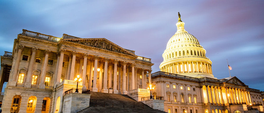 US Capitol building at sunset