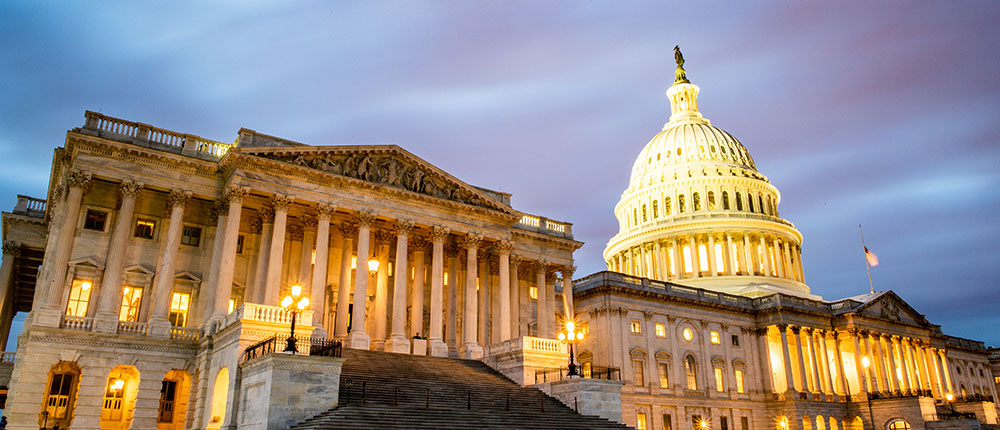 US Capitol building at sunset