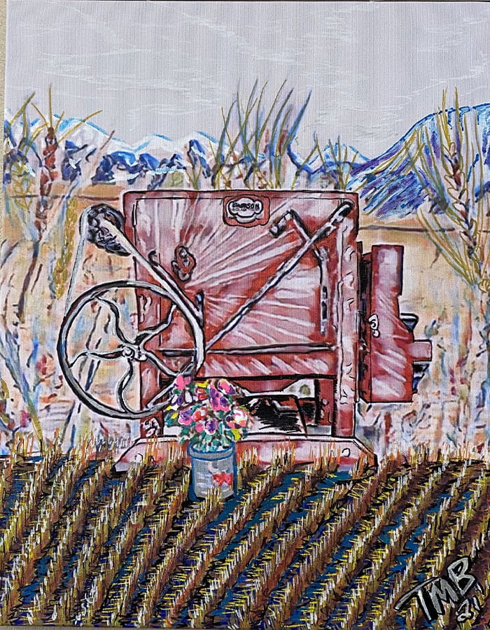 Sketch of dockage tester sitting in front of mountains with cut stubble and a pot of flowers in front of it
