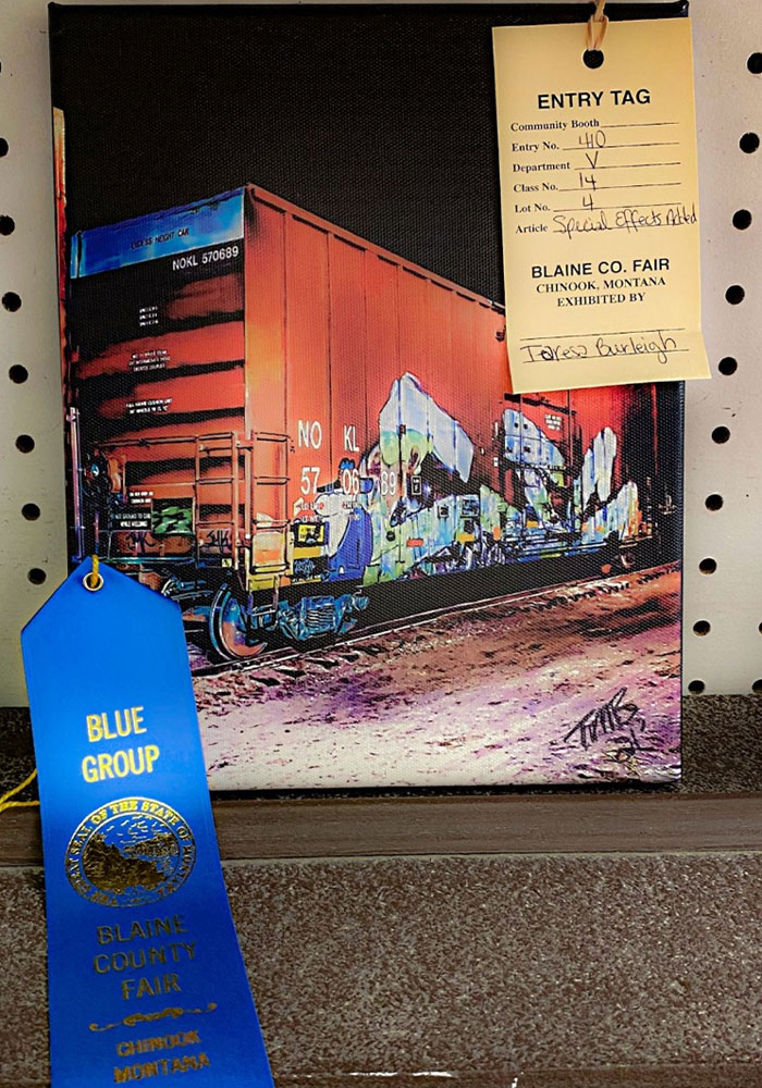 Enhanced photo effects of a train car with colorful graffiti on it