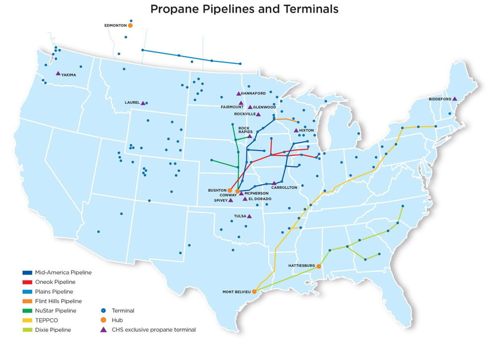 United states map showing propane pipelines and terminals