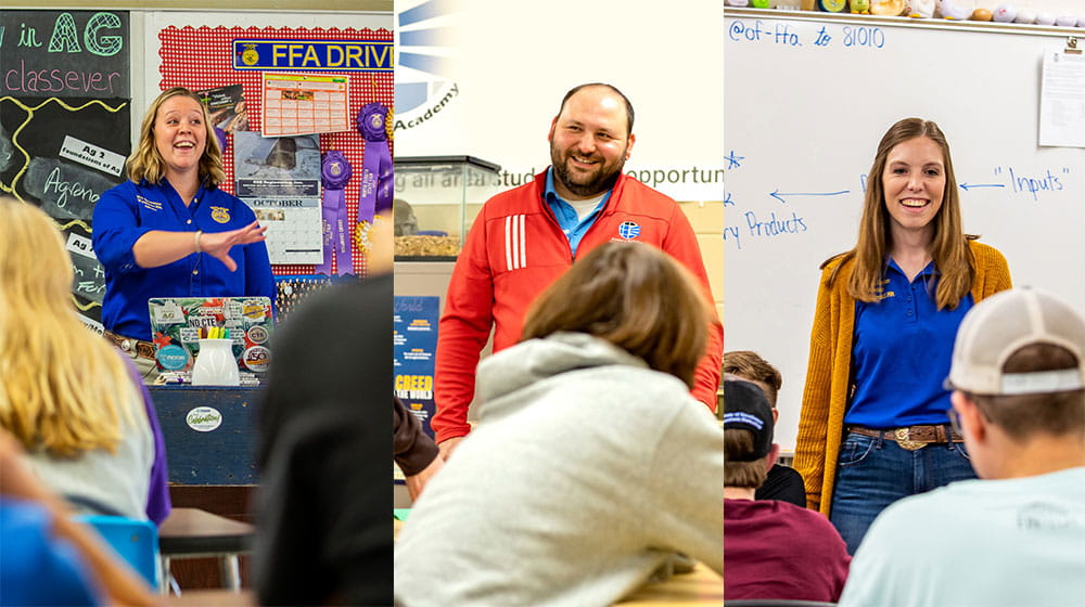 Photo collage of of three teachers, each working with students