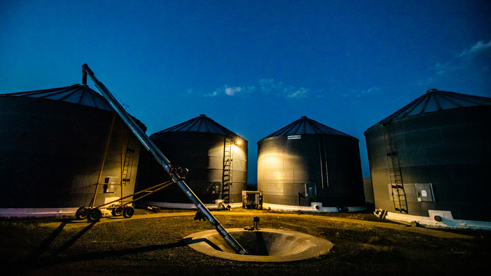 Four grain bins at night