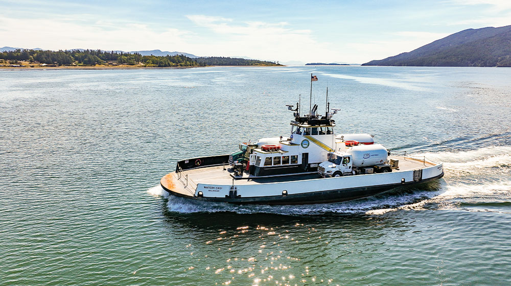 Ocean ferry carrying propane trucks