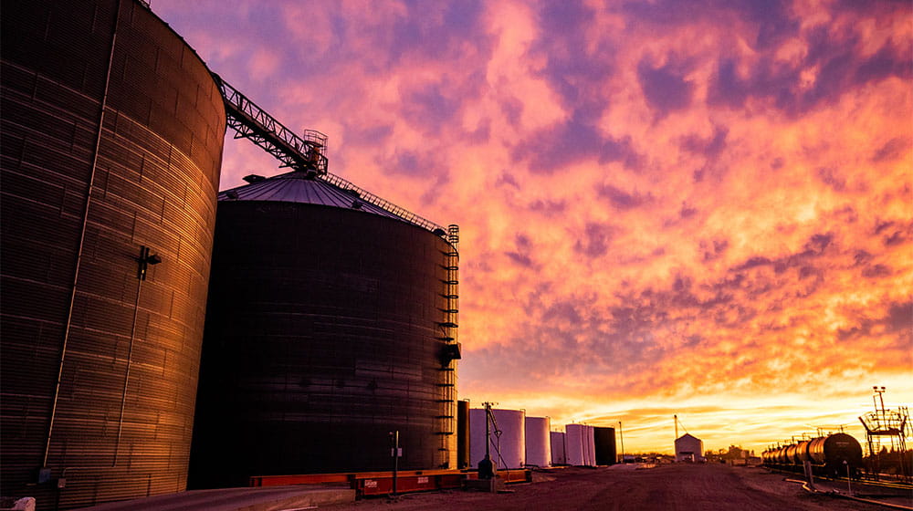Grain bins during a sunset