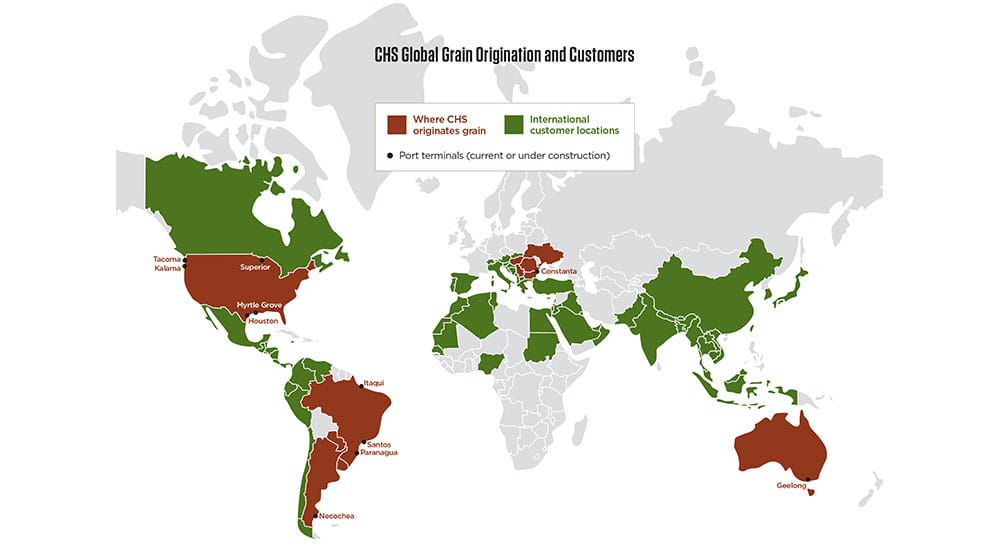 World map showing grain origination and customer countries