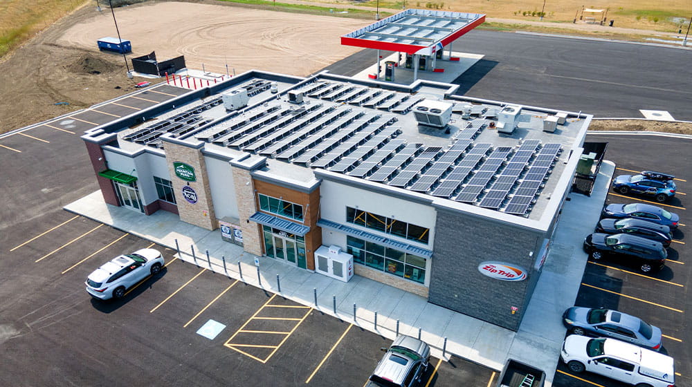 Building with solar panels on the roof