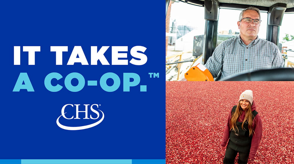 It takes a co-op logo with a man in a tractor and a woman in a cranberry field