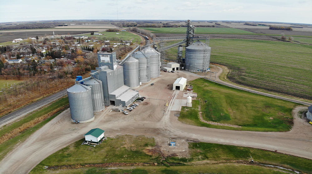 Aerial of rural town and grain facility