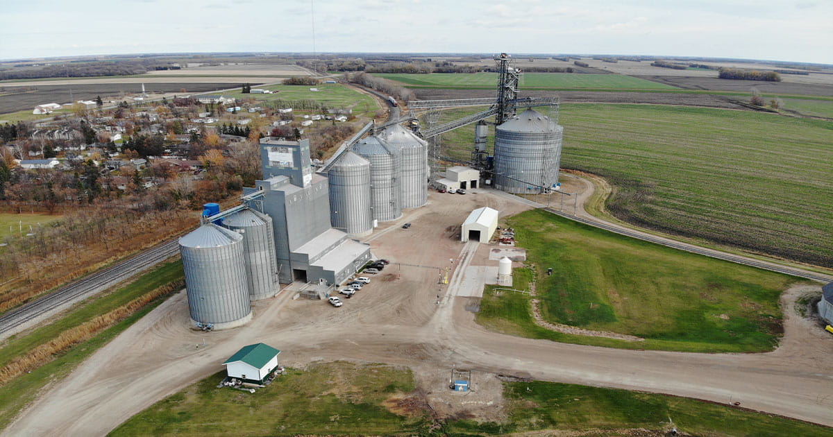 Aerial of rural town and grain facility