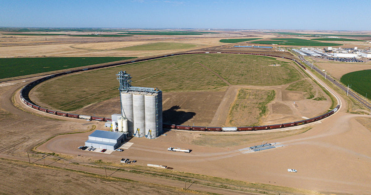 Grain elevator with large loop railroad track and train