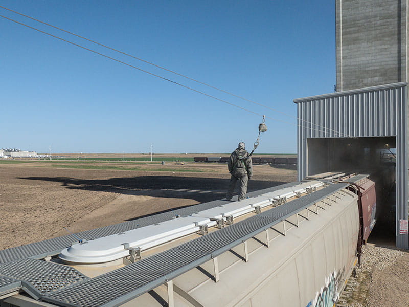 Man standing on train cars being loaded with grain. 
