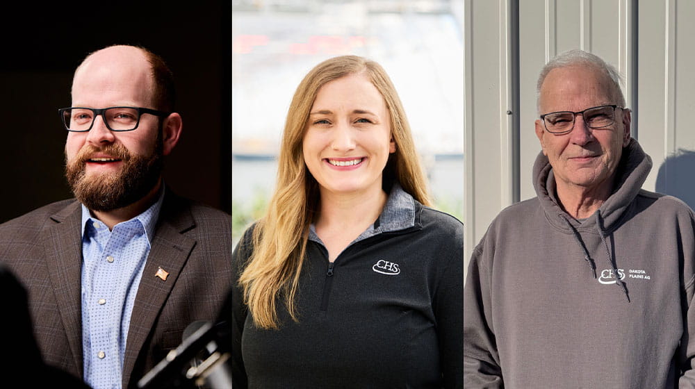 Side-by-side headshots of two men and one woman