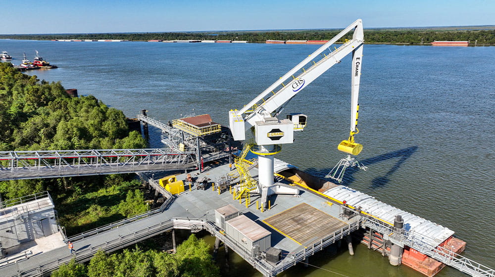 E Crane operating at a grain terminal on the river