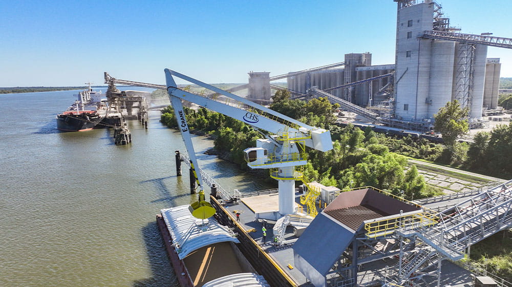 E Crane operating at a grain terminal on the river