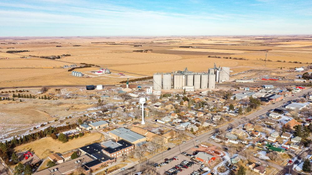 Rural town with a main street and surrounding farmland