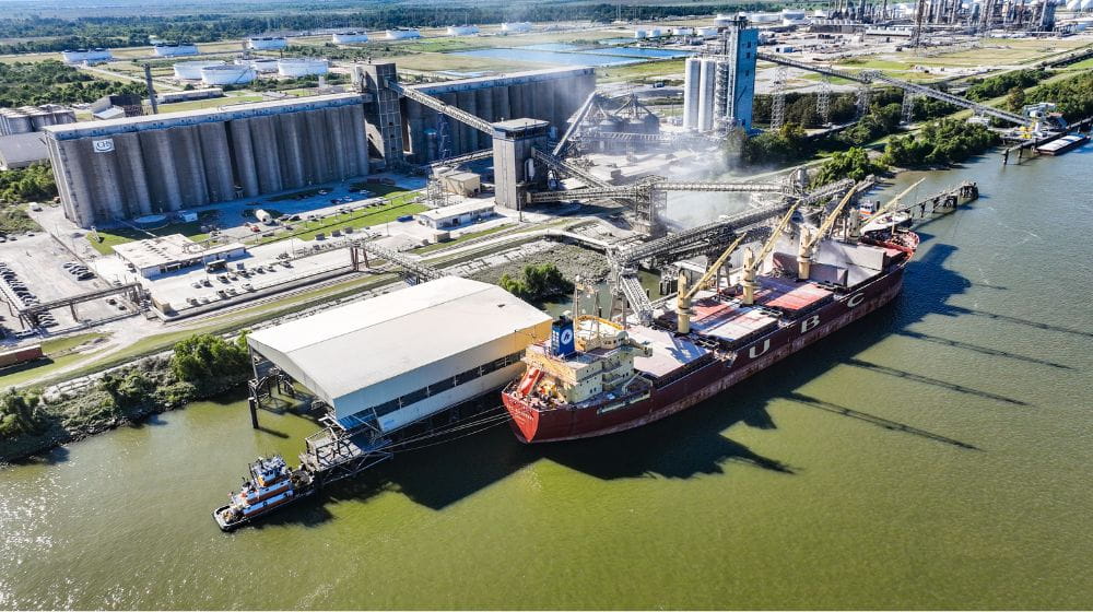 Ship being loaded with corn at an export terminal 