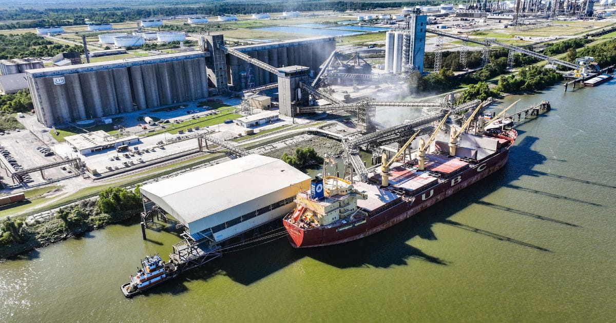 Ship being loaded with corn at an export terminal